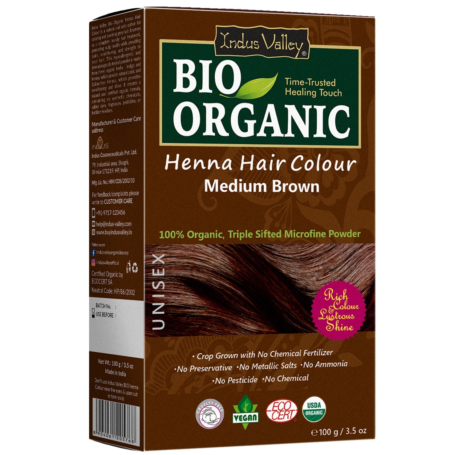 Natural Henna Hair Dye Color 100% Organic Medium Brown By Indus Valley